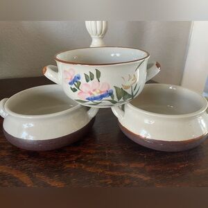 Set of 3 Vintage French Style Stoneware Crock Soup Bowls with Handles